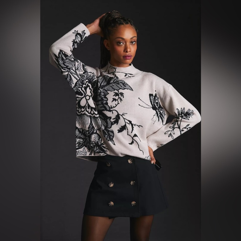 MAEVE by Anthropologie The Carys Mock-Neck Botanical Butterfly Sweater